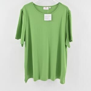 Quacker Factory‎ Womens Scalloped Rhinestone Top Size 3X Green Short Puff Sleeve